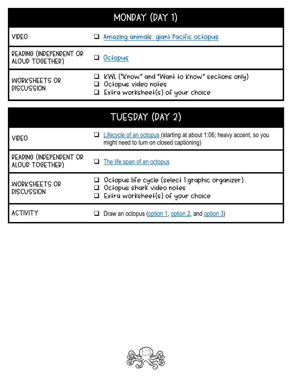 Octopus lesson plans for days 1–2 include video and reading links, KWL, life cycle work, and drawing