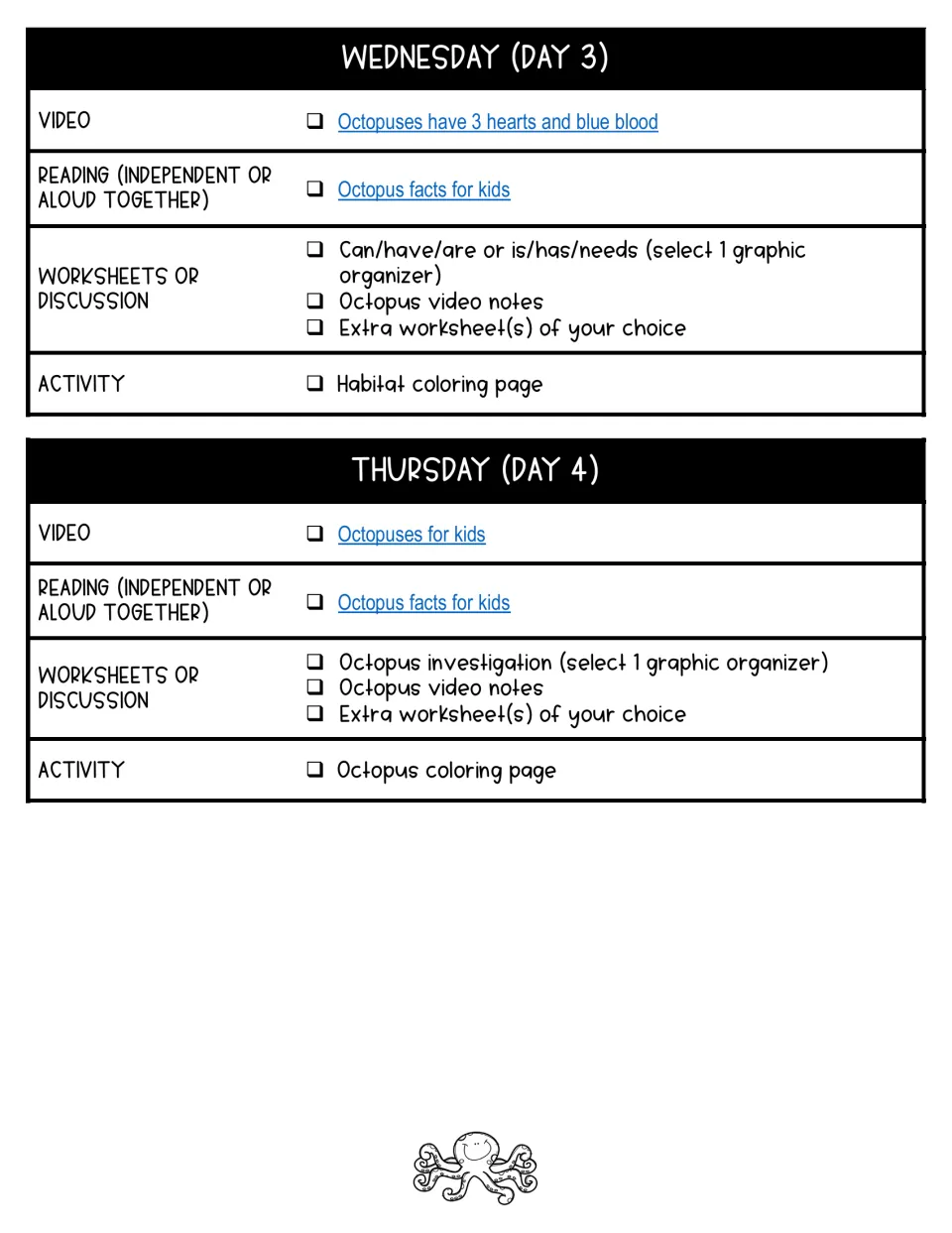 Octopus lesson plans for days 3–4 include fact readings, graphic organizers, video notes, and coloring