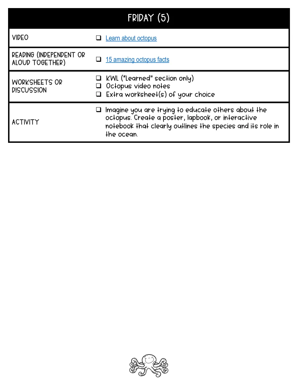 Octopus day 5 plan includes KWL reflection, video notes, and a poster, lapbook, or interactive notebook