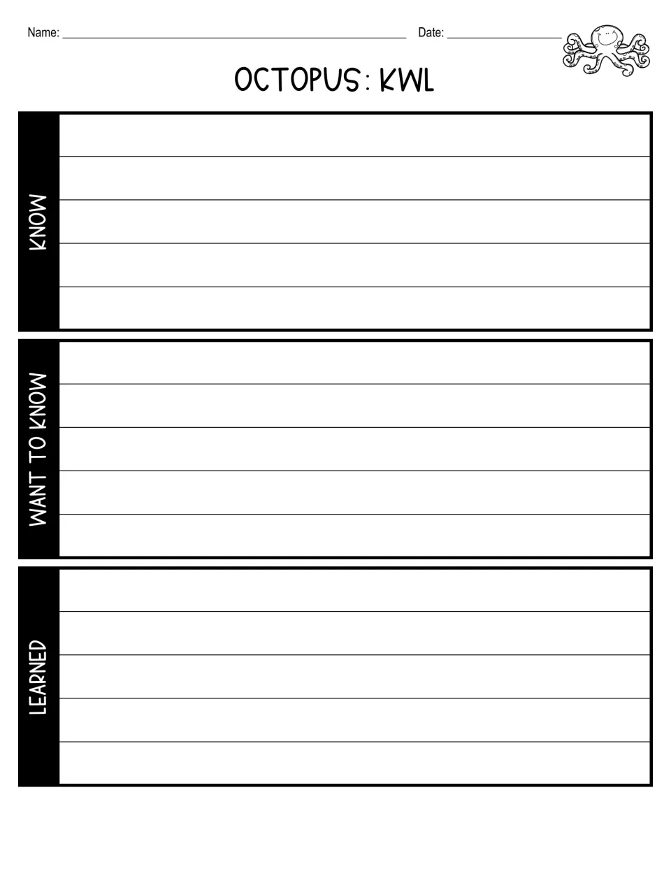 Octopus KWL worksheet asks students to record what they know, what they want to know, and what they learned