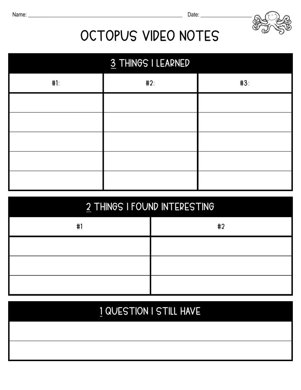 Octopus video notes worksheet prompts three things learned, two interesting things, and one remaining question