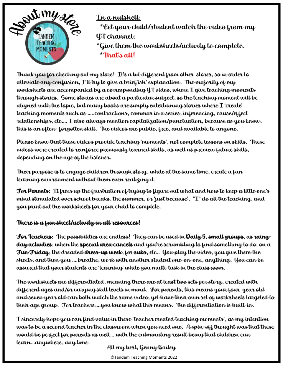 About my store letter explaining that each worksheet set pairs with a free YouTube story video and is differentiated