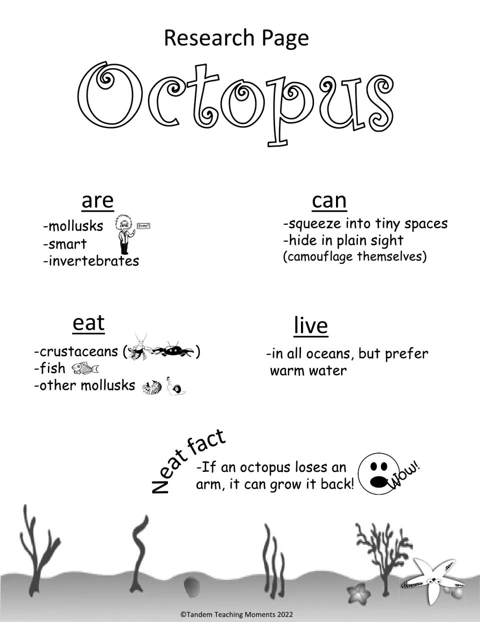 Black-and-white research page: octopuses are mollusks, squeeze into tiny spaces, eat crustaceans, live in all oceans