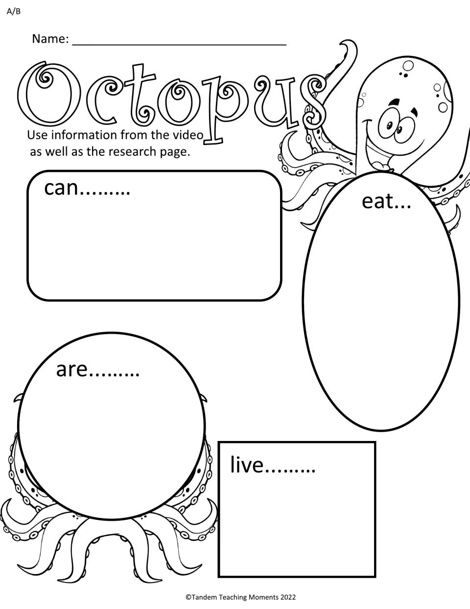 Facts organizer: students record what octopuses can do, eat, are and where they live, from the video and research page