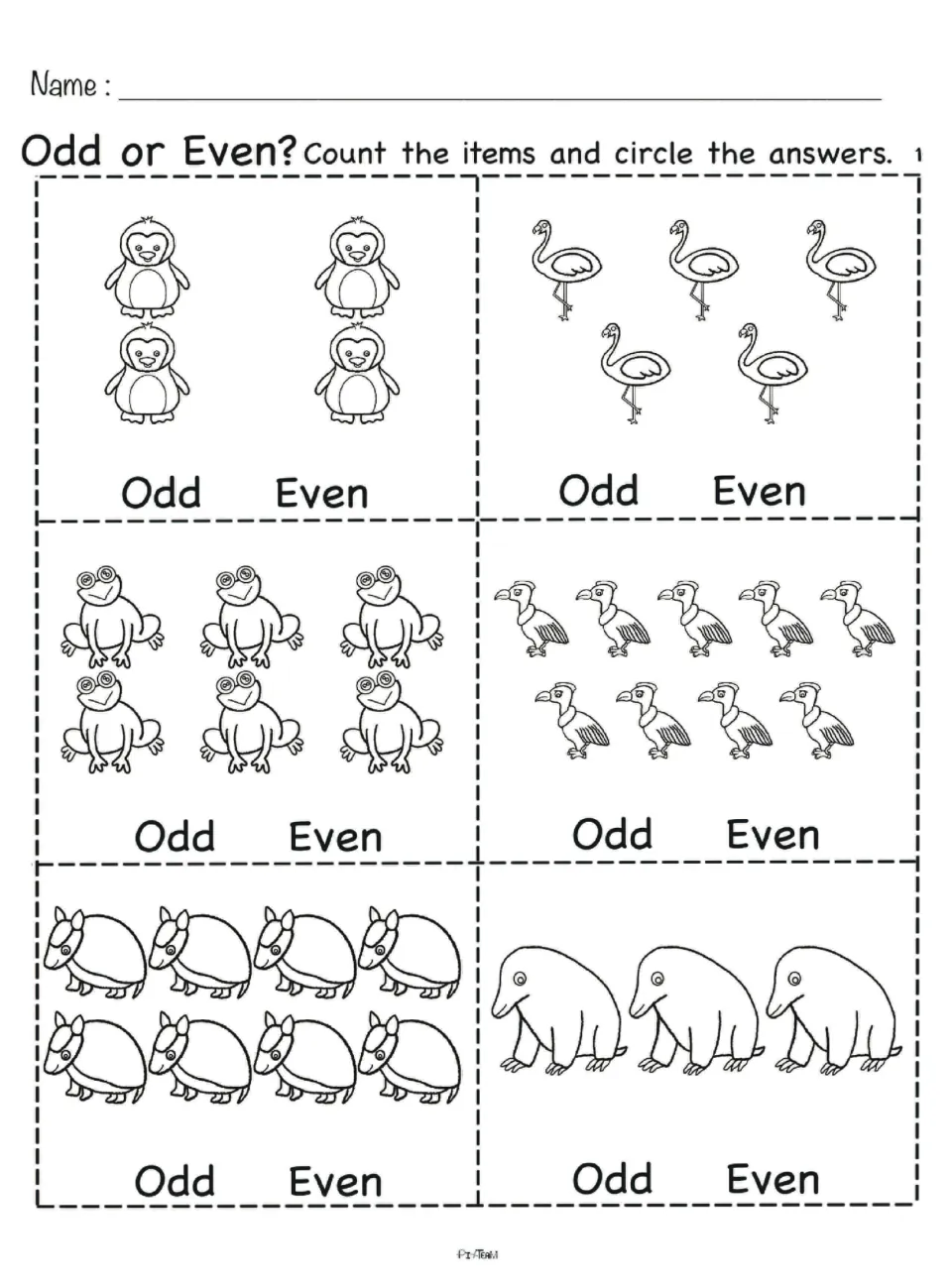 Odd or even sheet 1: students count penguins, flamingos, frogs, condors, armadillos and anteaters, then circle odd or even