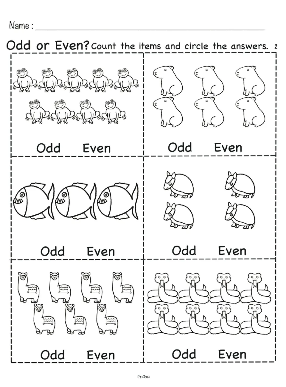 Odd or even sheet 2: count the frogs, capybaras, piranhas, armadillos, llamas and snakes in each set and circle odd or even