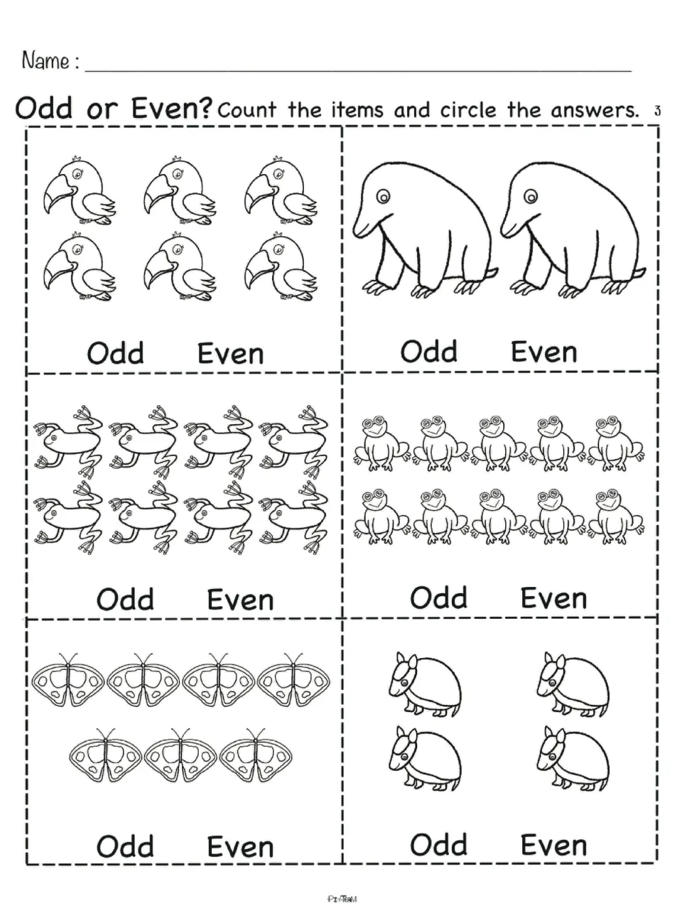 Odd or even sheet 3: students count toucans, anteaters, tree frogs, frogs, butterflies and armadillos and circle the parity