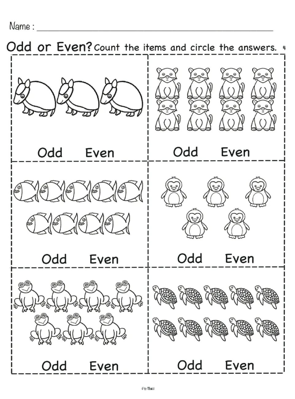 Odd or even sheet 4: count armadillos, wild cats, piranhas, penguins, frogs and sea turtles, then circle odd or even