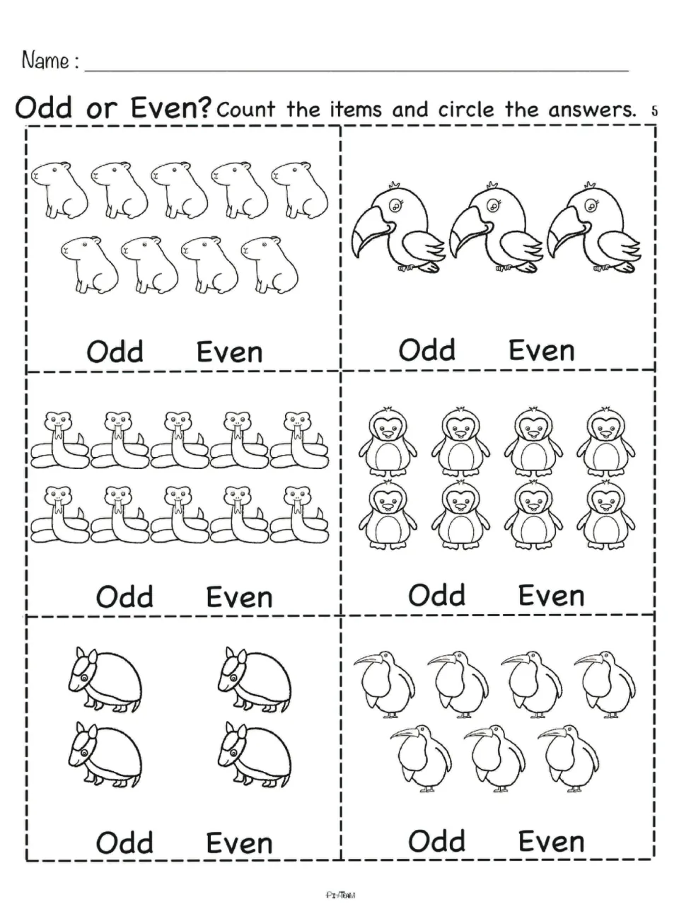 Odd or even sheet 5: count capybaras, toucans, snakes, penguins, armadillos and long-beaked birds; circle odd or even