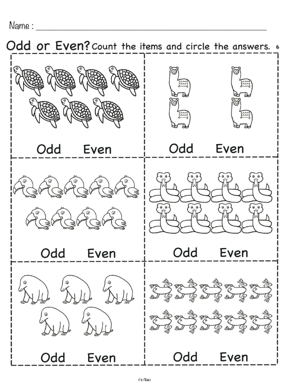 Odd or even sheet 6: count sea turtles, llamas, toucans, snakes, anteaters and tree frogs, then circle odd or even