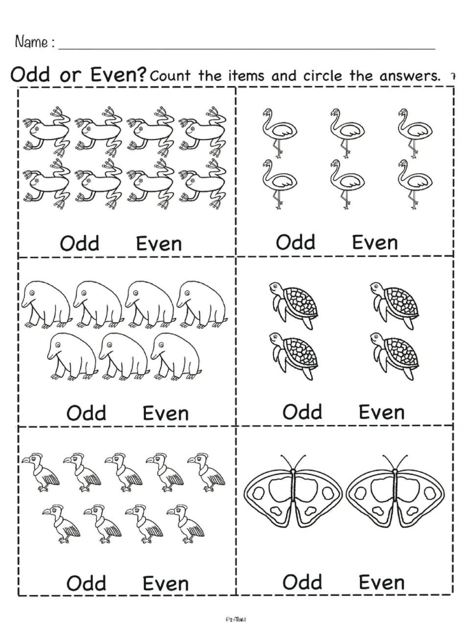 Odd or even sheet 7: count tree frogs, flamingos, anteaters, sea turtles, condors and butterflies, then circle odd or even