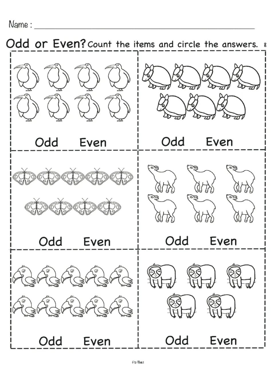 Odd or even sheet 8: count birds, armadillos, butterflies, hoofed animals, toucans and sloths, then circle odd or even