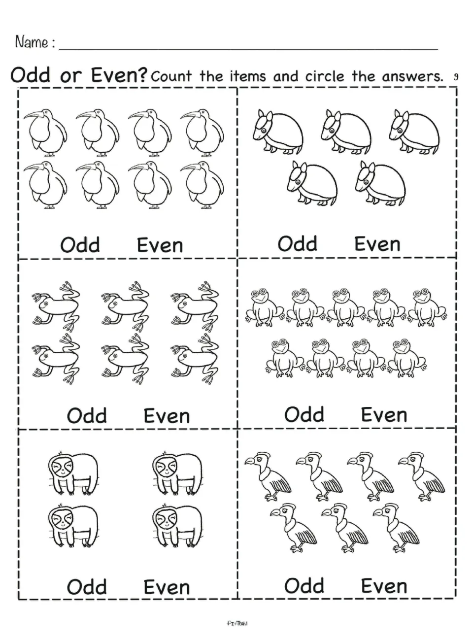 Odd or even sheet 9: count long-beaked birds, armadillos, tree frogs, frogs, sloths and condors; circle odd or even