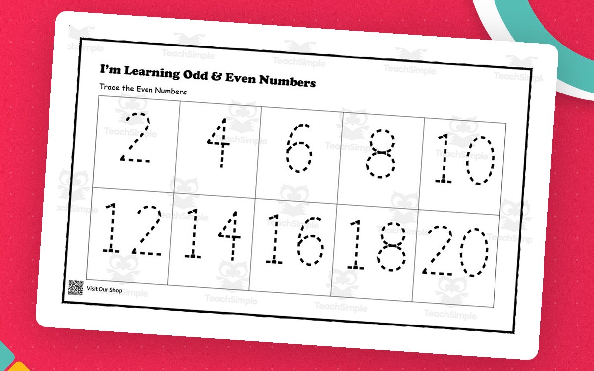 Odd and Even Numbers – Tracing & Sorting Set preview: Even-number tracing page (2-20)