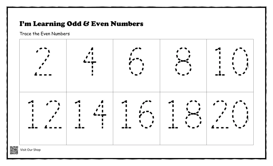 Even numbers 2 to 20: students trace dashed numerals 2, 4, 6, 8, 10, 12, 14, 16, 18 and 20 to practise numeral writing