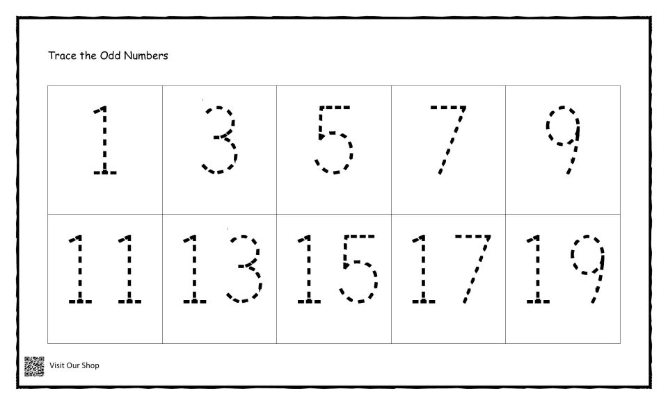 Odd numbers 1 to 19: students trace dashed numerals 1, 3, 5, 7, 9, 11, 13, 15, 17 and 19 to practise writing odd numbers