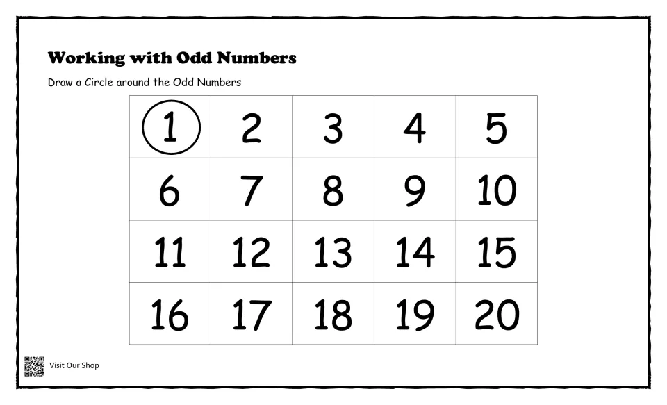 Working with Odd Numbers: students circle every odd number in a 1 to 20 chart, with 1 already circled as an example