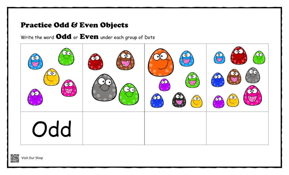 Odd and even objects: students count four groups of smiling dot creatures and write Odd or Even, with the first done as Odd