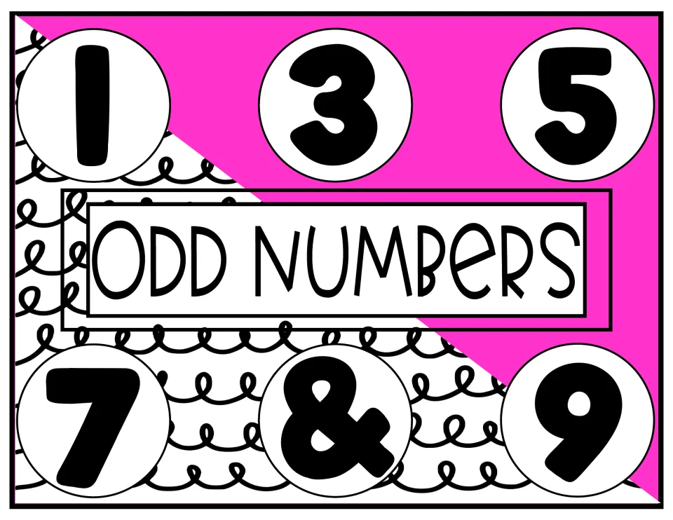 Odd numbers poster in hot pink: the digits 1, 3, 5, 7 and 9 shown in bold circles for recognizing odd numbers