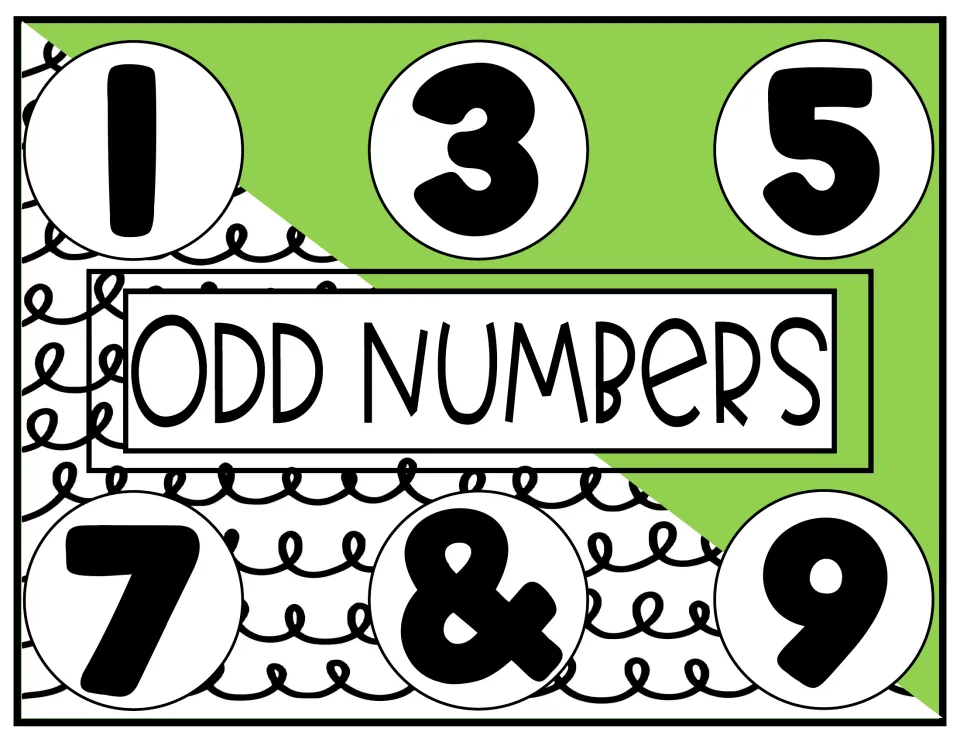 Odd numbers poster in lime green: the digits 1, 3, 5, 7 and 9 shown in bold circles for recognizing odd numbers