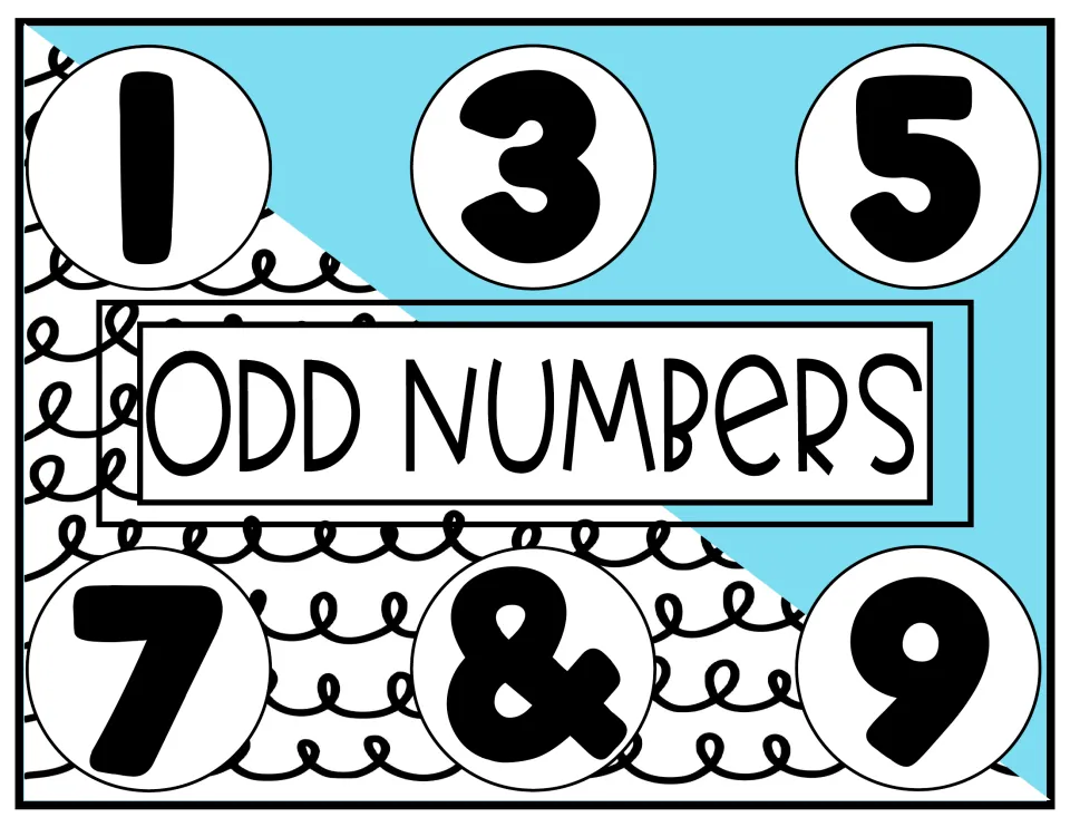 Odd numbers poster in light blue: the digits 1, 3, 5, 7 and 9 shown in bold circles for recognizing odd numbers