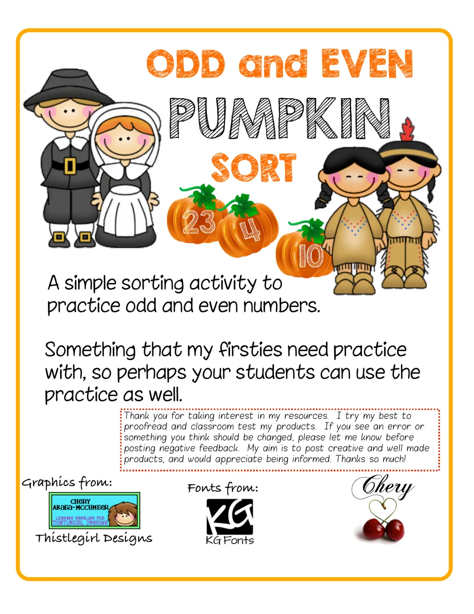Odd and Even Pumpkin Sort cover: a sorting activity to practice odd and even numbers, with numbered pumpkins and credits