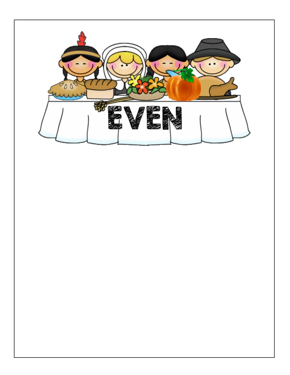 EVEN sorting mat: a harvest feast table labeled EVEN where students place pumpkin cards showing even numbers
