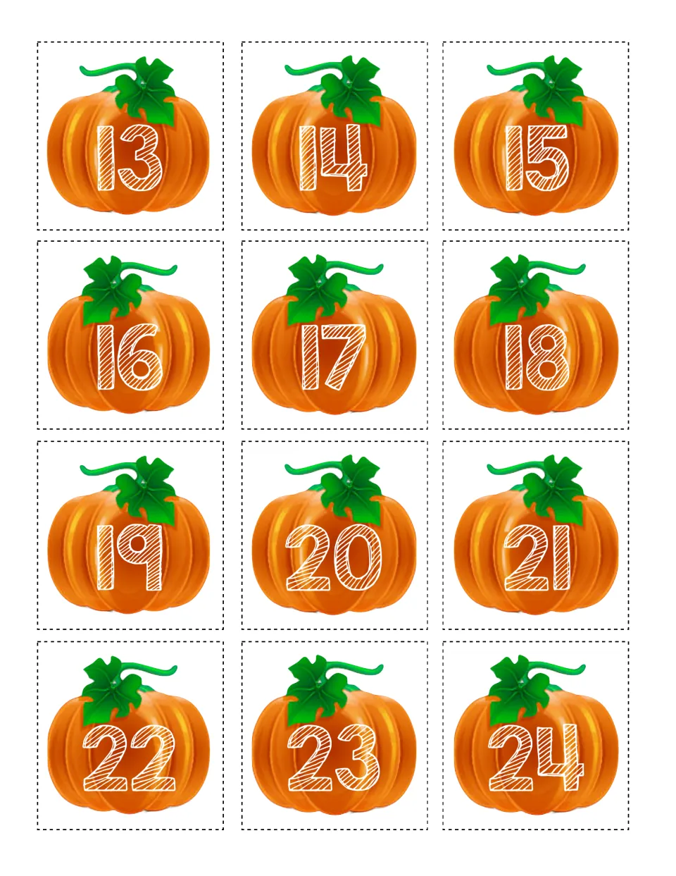 Number cards 13 to 24: pumpkin cards with two-digit numbers for students to cut out and sort as odd or even
