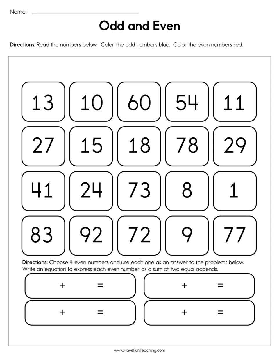 Odd and even numbers: students color 20 numbers from 1 to 92 blue or red, then write 4 even numbers as doubles sums