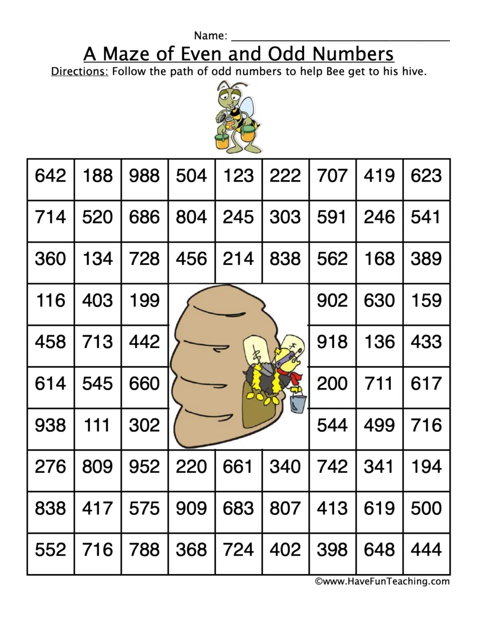 A Maze of Even and Odd Numbers: students follow a path of odd three-digit numbers to lead a cartoon bee to its hive