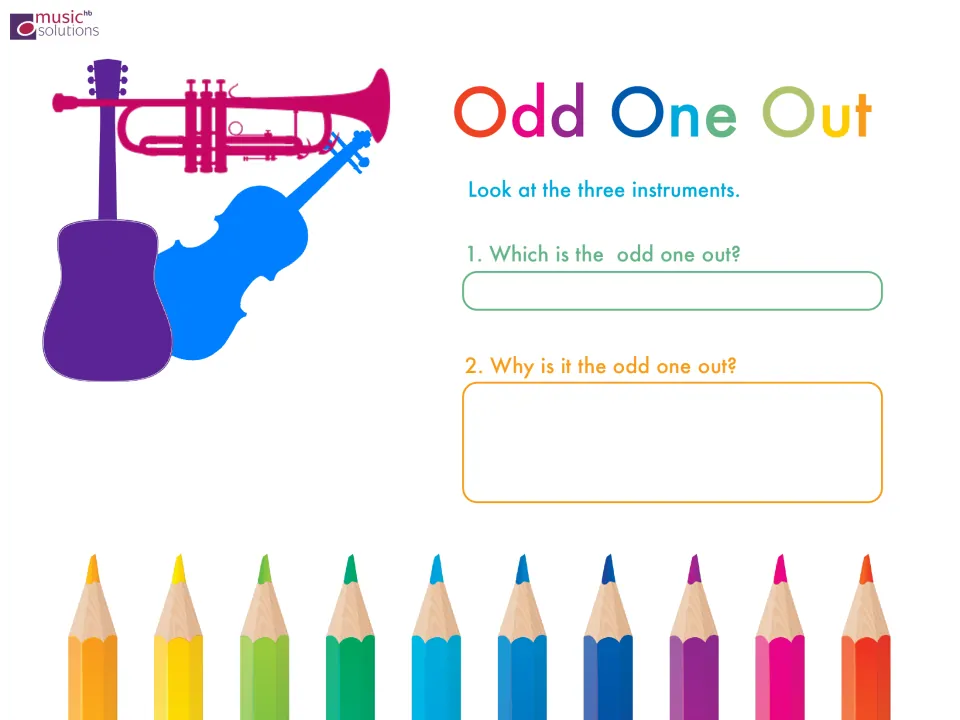 Instrument families: students pick the odd one out of a guitar, trumpet and violin, then write why it does not belong