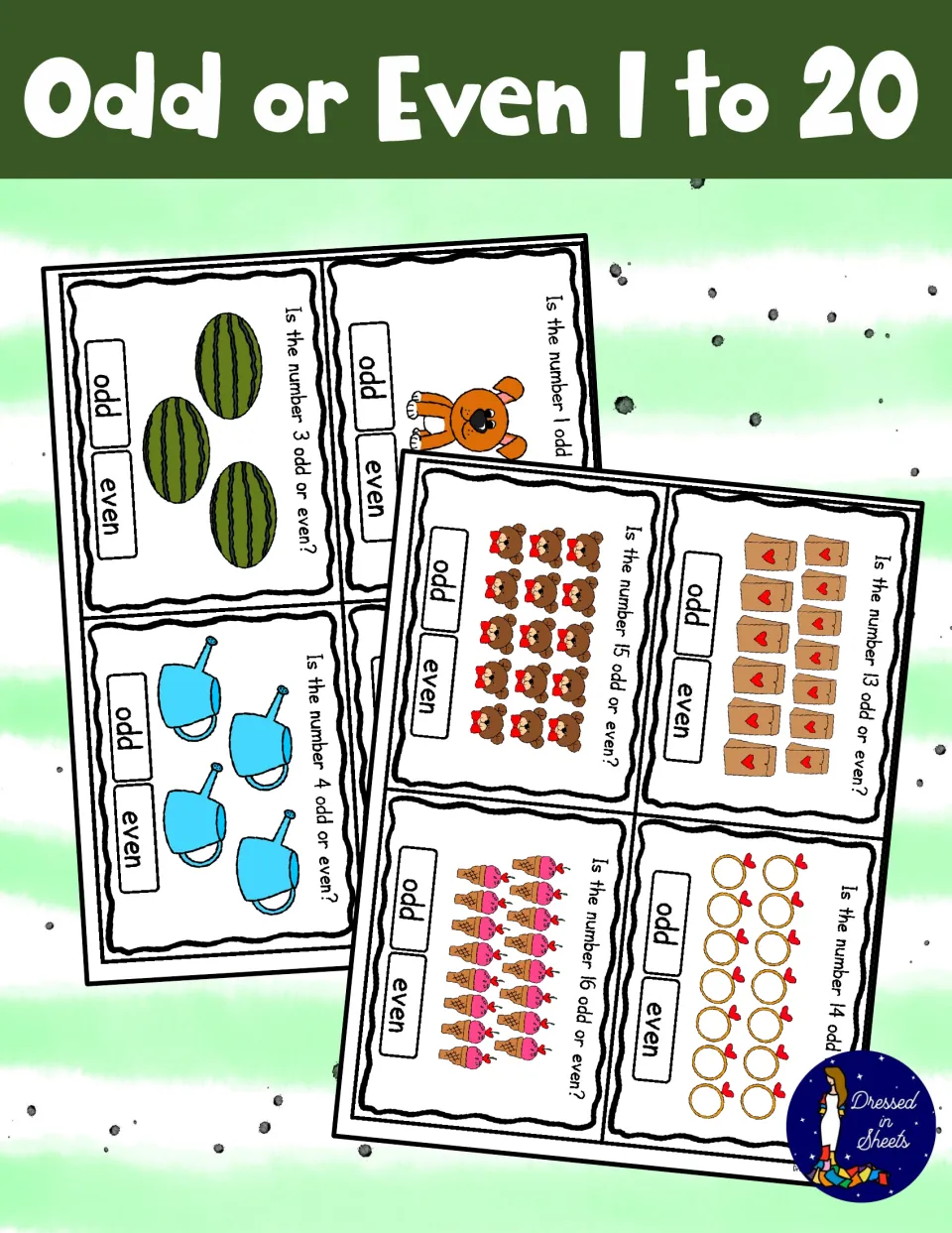 Odd or Even 1 to 20 cover: task cards asking if a number is odd or even, shown with counting pictures like bears and rings