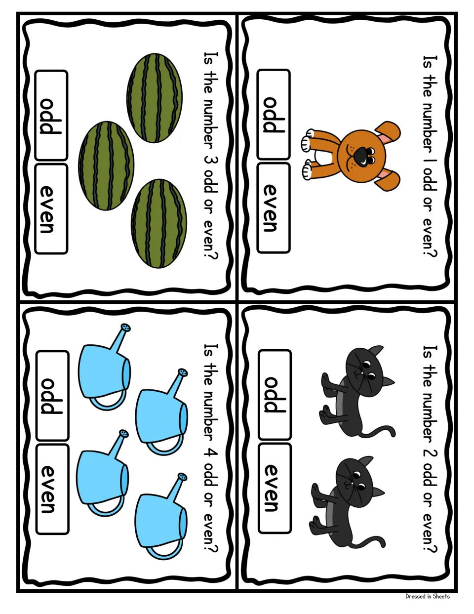 Odd and even cards 1-4: students count 1 bear, 2 cats, 3 watermelons and 4 watering cans, then pick odd or even