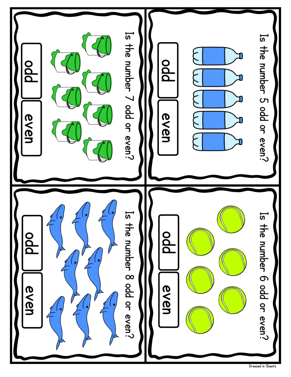 Odd and even cards 5-8: students count 5 water bottles, 6 tennis balls, 7 buckets and 8 sharks, then choose odd or even