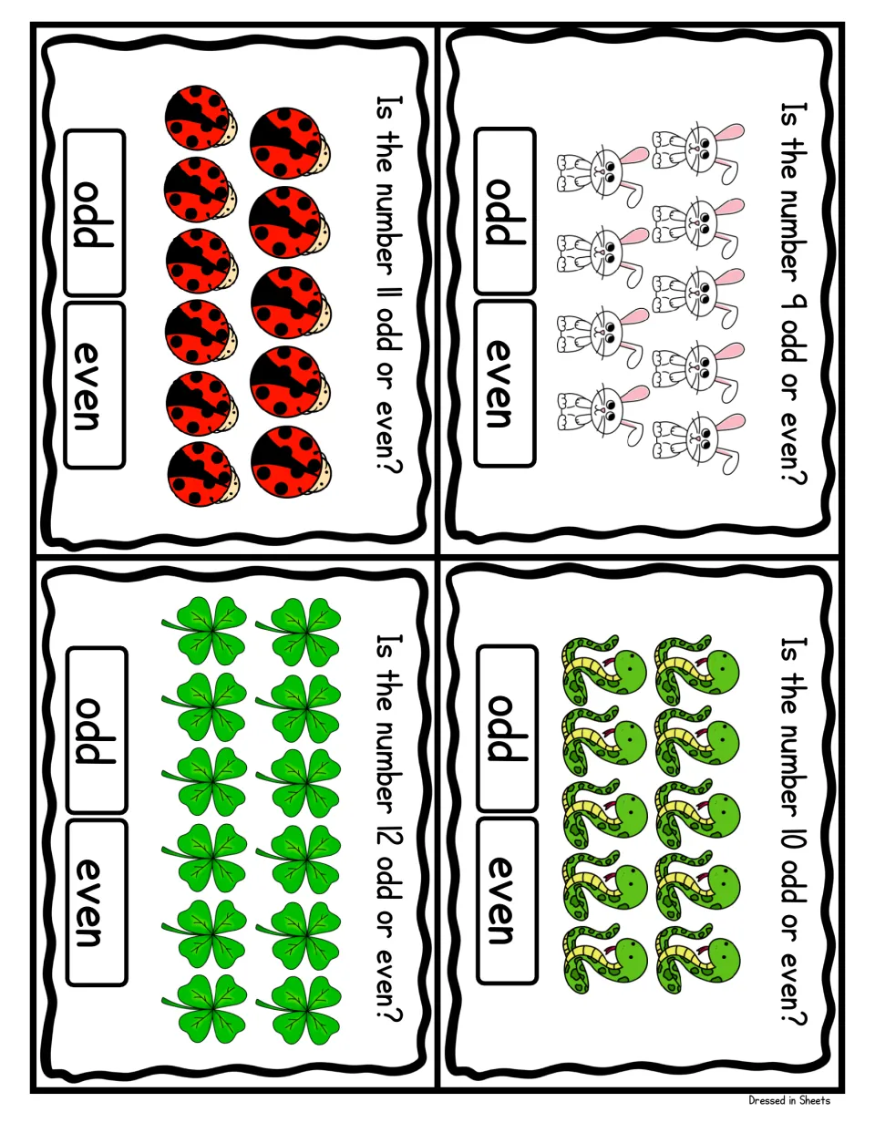 Odd and even cards 9-12: students count 9 bunnies, 10 snakes, 11 ladybugs and 12 clovers to decide if each is odd or even