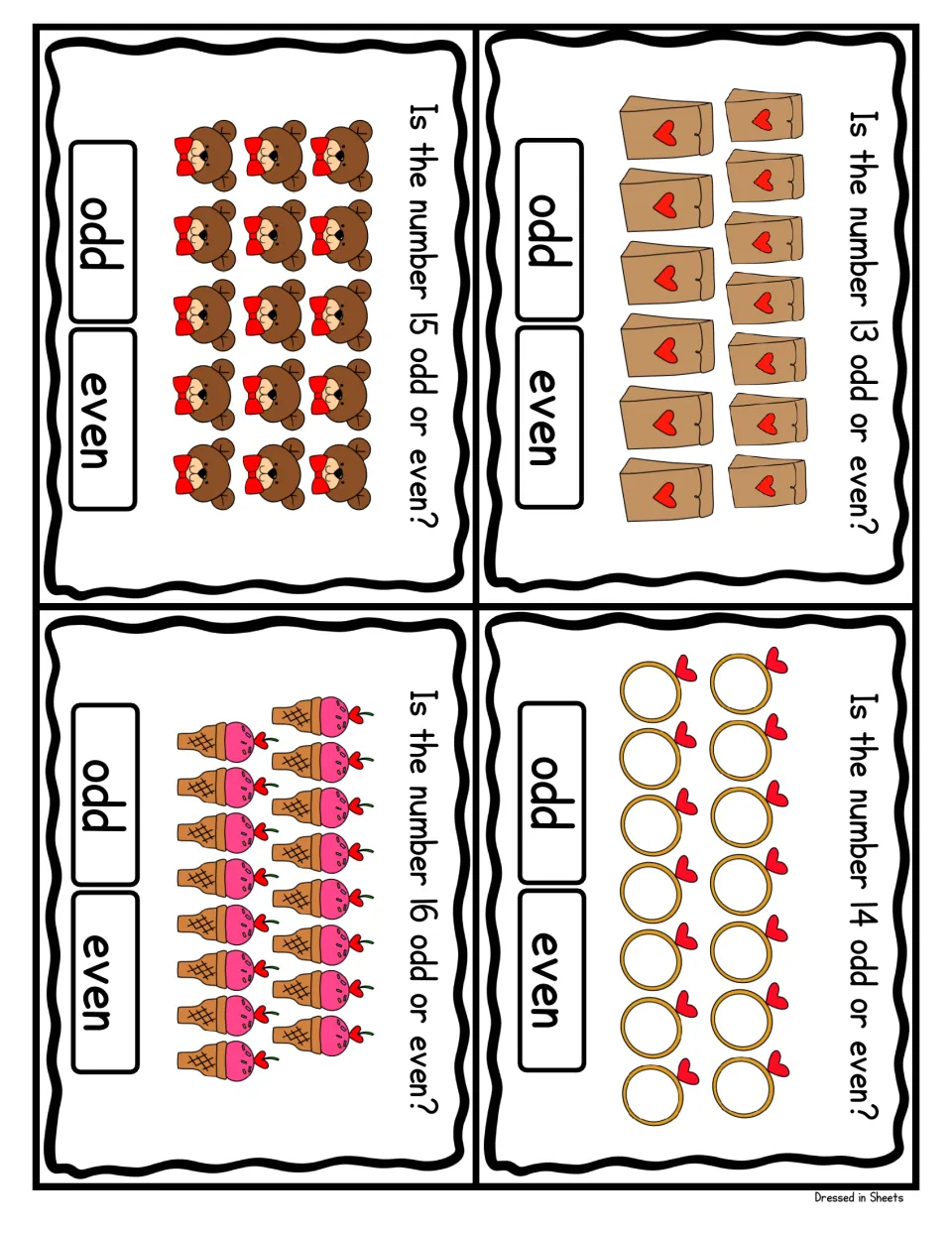 Odd and even cards 13-16: count 13 paper bags, 14 rings, 15 bears and 16 ice cream cones, then select odd or even