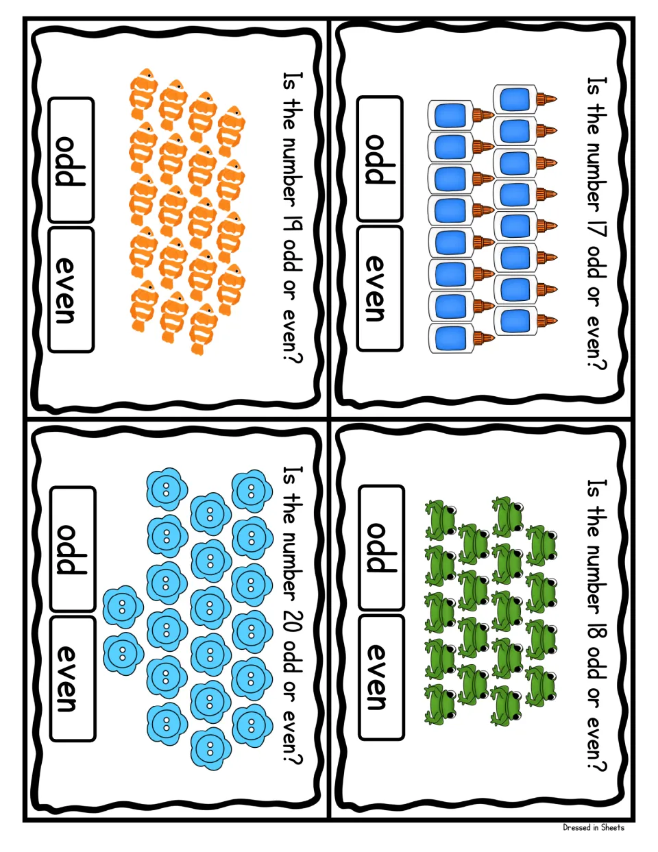 Odd and even cards 17-20: count 17 glue bottles, 18 frogs, 19 clownfish and 20 buttons, then mark each odd or even