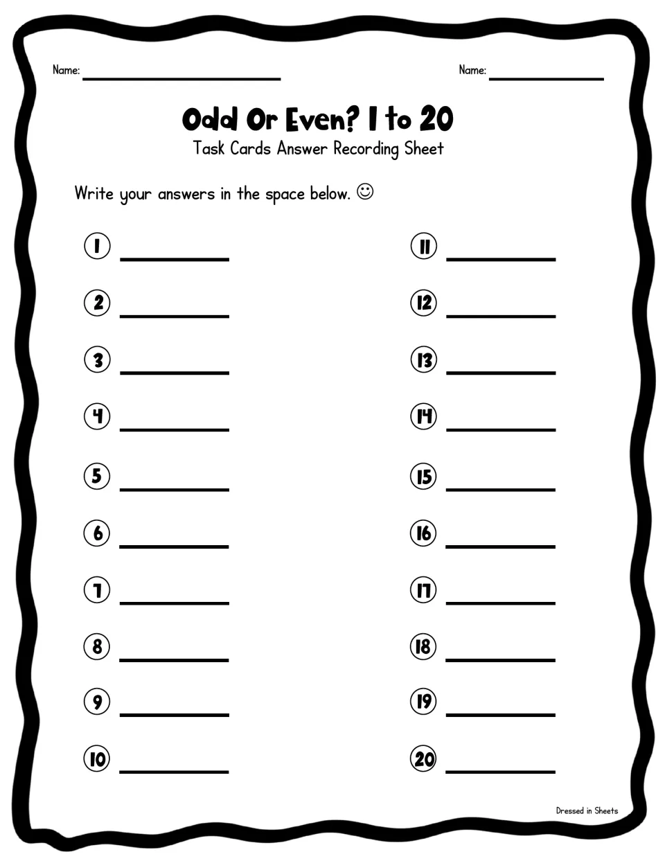 Answer recording sheet for the task cards: students write odd or even on numbered lines 1 to 20, with two name spaces