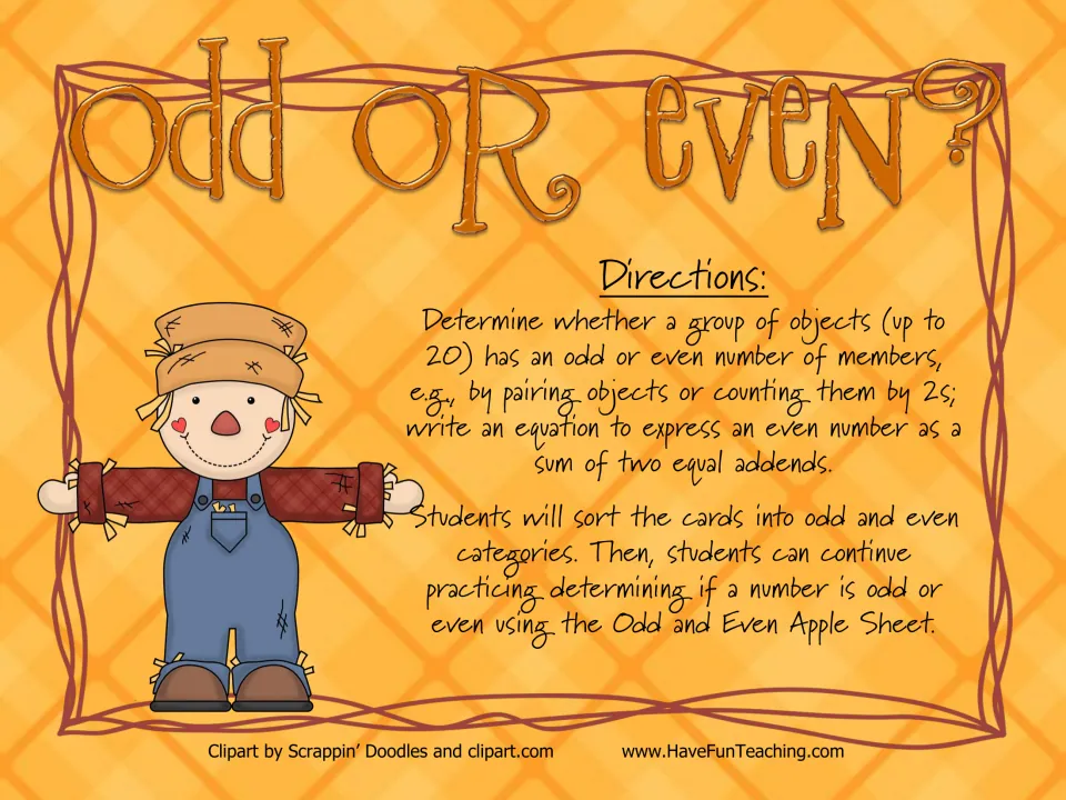 Activity directions for sorting object cards as odd or even, then practicing on the apple-number sheet