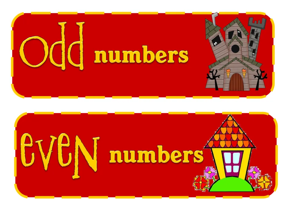 Two sorting labels reading “odd numbers” and “even numbers” for categorizing the 18 object-group cards
