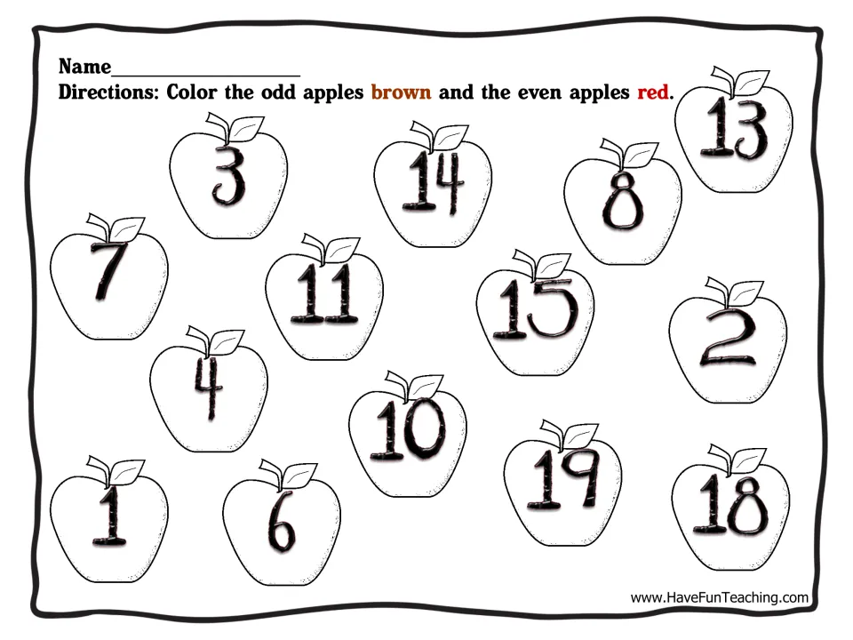 Apple-number practice sheet with 14 numbered apples; directions say to color odd apples brown and even apples red