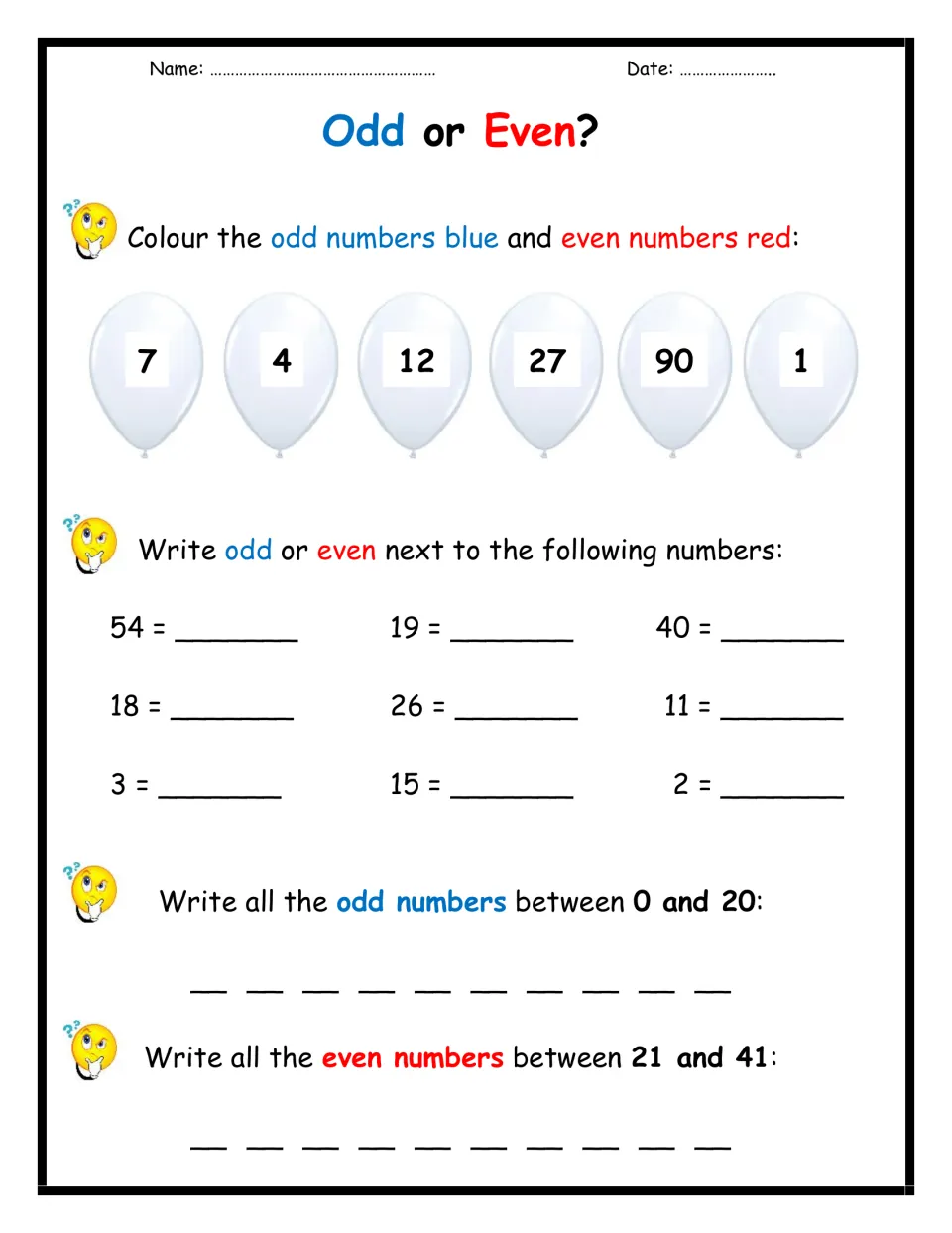 Odd or even numbers: students colour balloons blue or red, label 9 numbers, then list odd numbers to 20 and evens 21-41