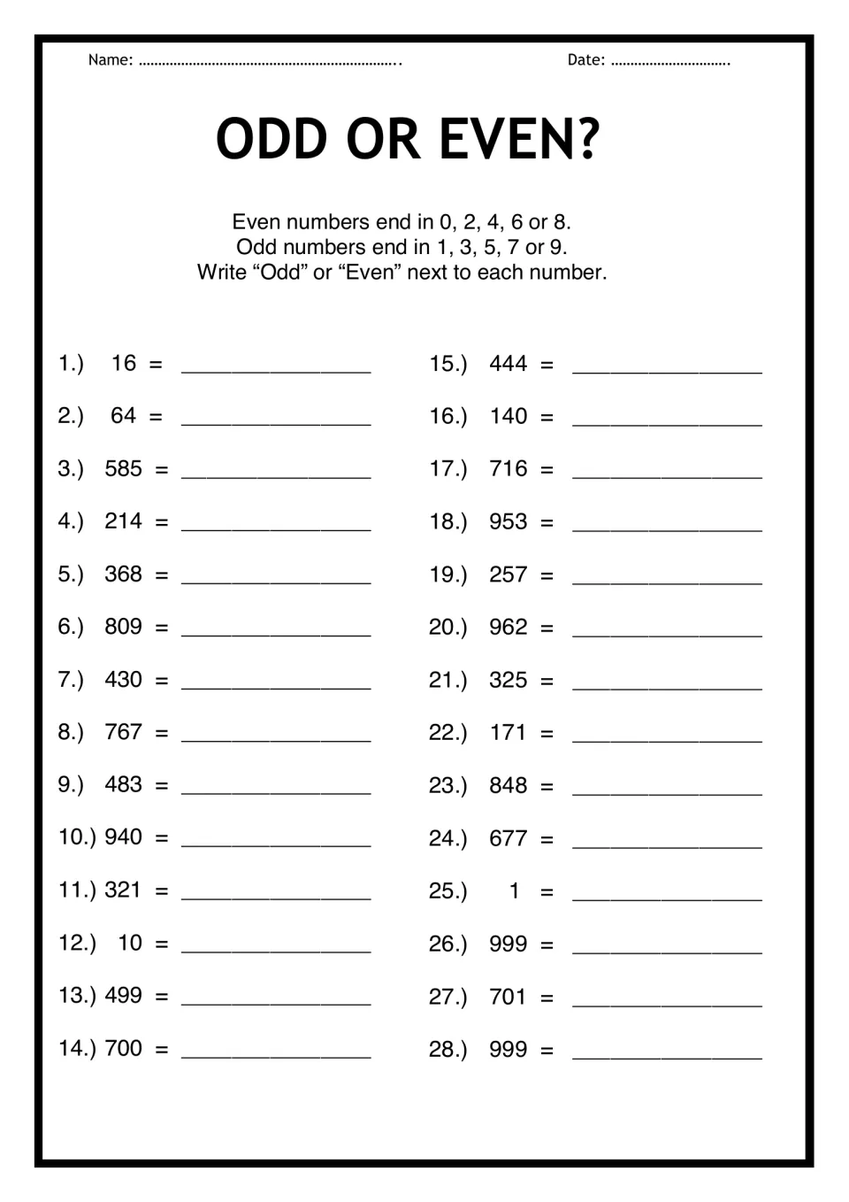Odd or even? Students label 28 numbers from 1 to 999 as odd or even, using the rule that the last digit decides parity