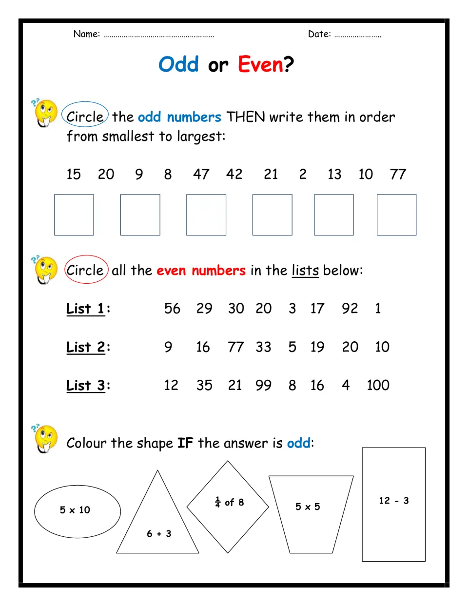Odd or even: students order the odd numbers, circle evens in three lists and color shapes whose answer is odd