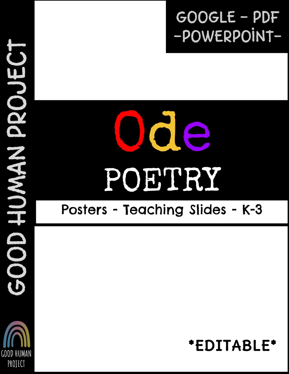 Ode Poetry cover by Good Human Project: posters and teaching slides for K-3, in Google, PDF and PowerPoint, editable