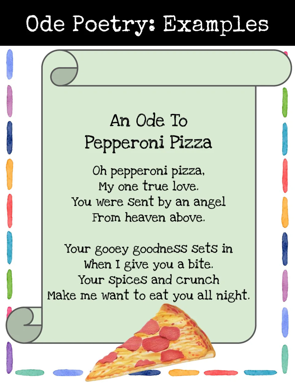 Example ode poem, An Ode To Pepperoni Pizza: two rhyming stanzas that open with Oh and address the pizza directly