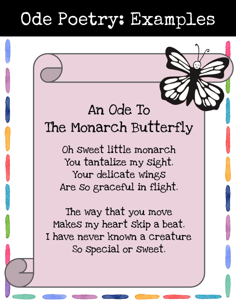 Example ode poem, An Ode To The Monarch Butterfly: two stanzas praising its delicate wings and graceful flight