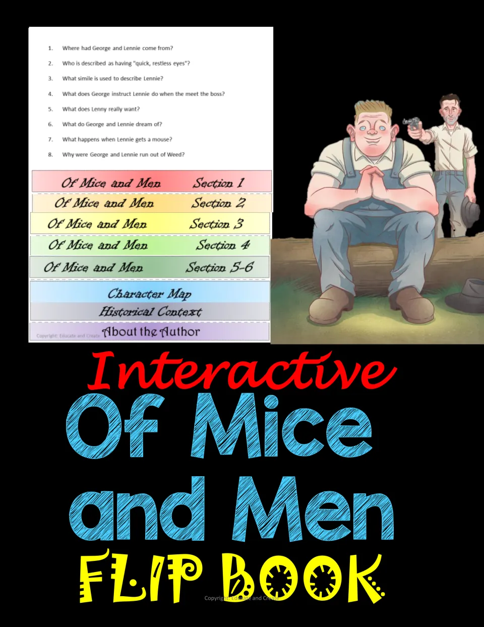Of Mice and Men interactive flip book cover: tabs for Sections 1 to 5-6, Character Map, Historical Context, About the Author