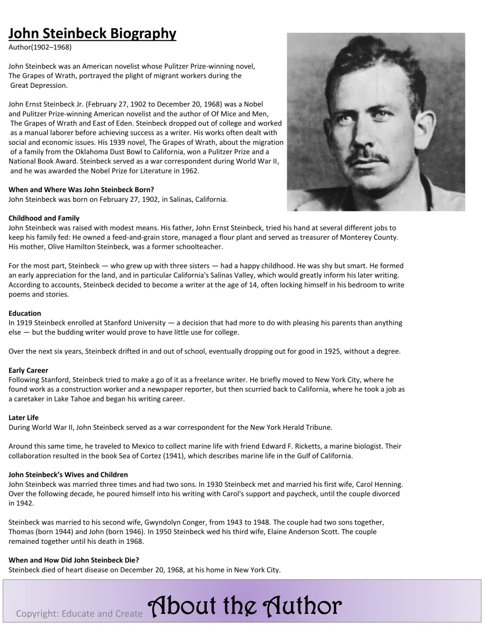 John Steinbeck biography with photo: birth in Salinas, Stanford years, early career, war reporting, marriages and death