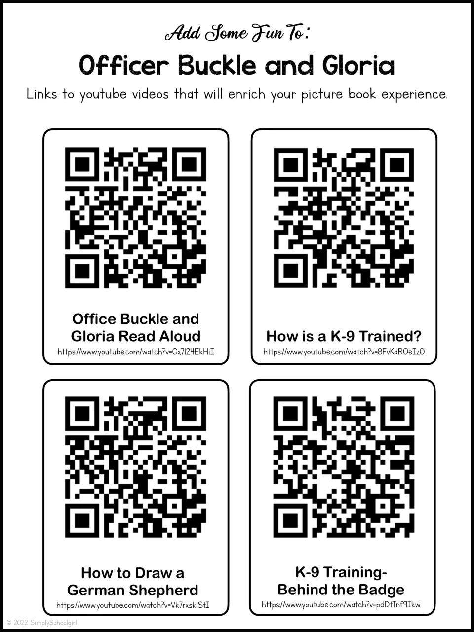 Video links: four QR codes to a read-aloud, K-9 training clips and a how-to-draw German Shepherd lesson on YouTube